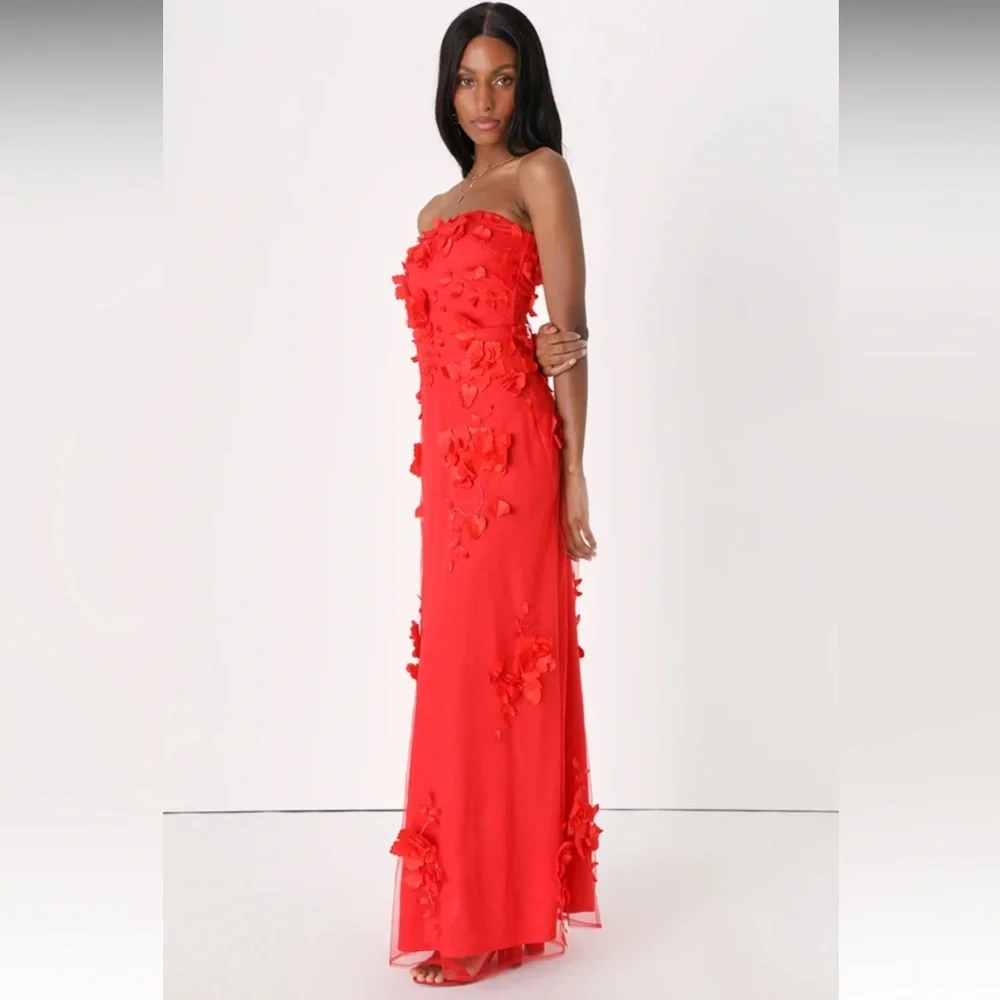 Lulu's Red Ruched Strapless Maxi Gown - Picture 2 of 6